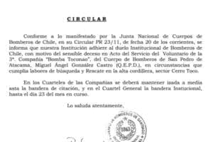 El CBS adhiere a duelo institucional por Bombero de San Pedro de Atacama fallecido en Acto del Servicio
